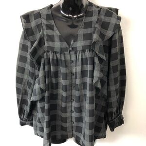 Loft black plaid ruffle front v neck blouse sz small